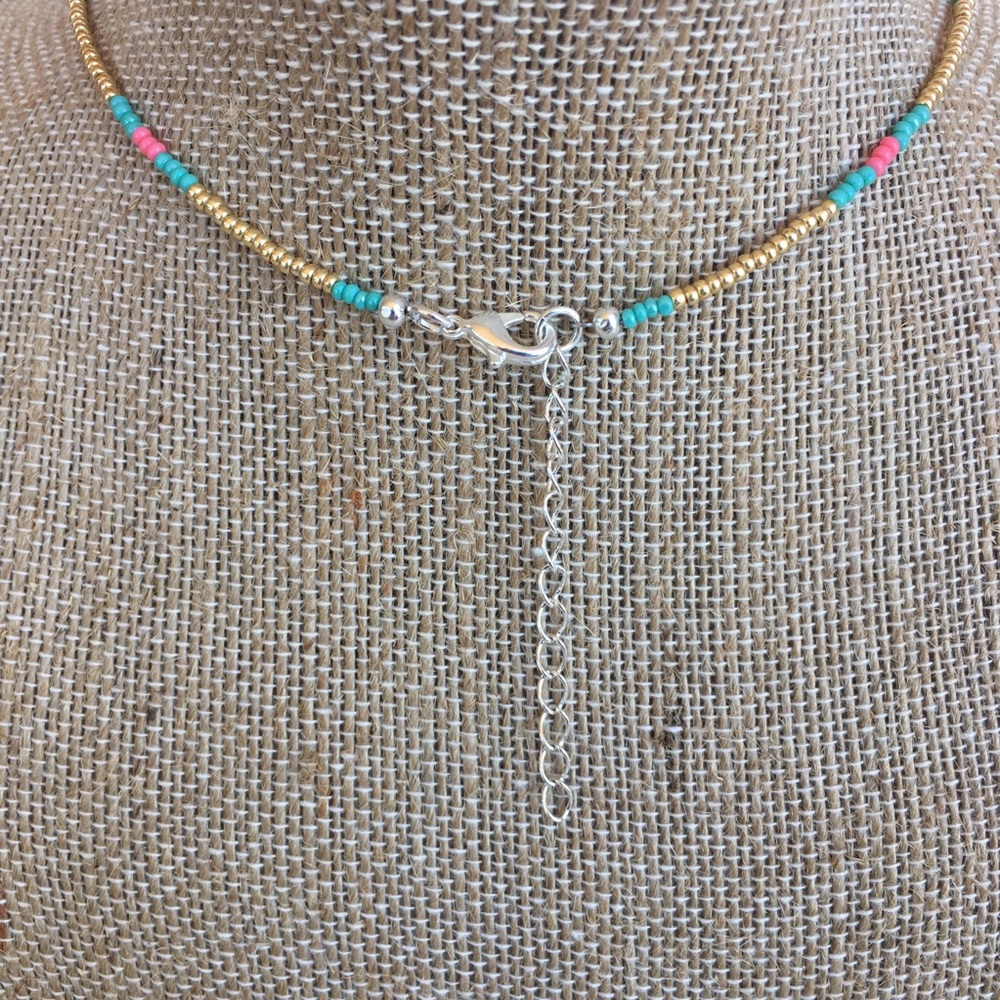 Gold/Turquoise/Salmon Boho Beach Seed Bead Choker - Picture 4 of 4